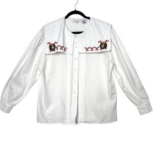 Vintage Christmas Embroidered Candy Cane Pilgrim Collar Blouse Kitschy Festive